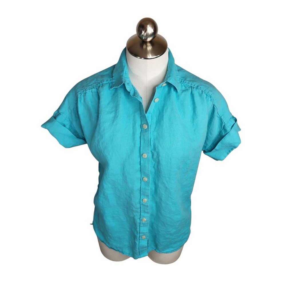 Baird McNutt J.Crew Button Down Shirt Women XXS Turquoise Blue Irish Linen‎
